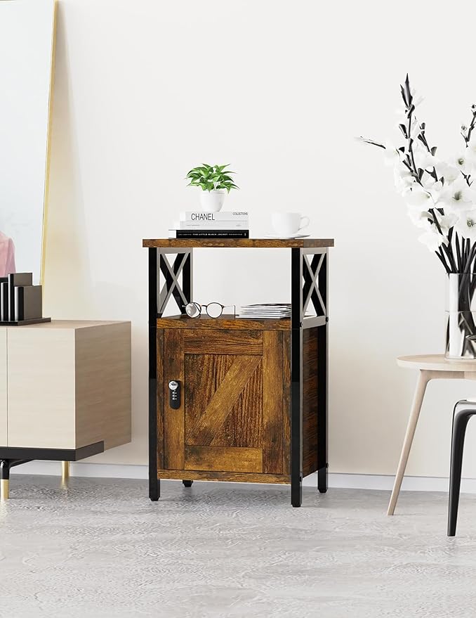 runjuly Night Stand with Locking Drawer, Bedside Table with Drawers, Wooden Bed Side Table with Storage Cabinet, Nightstand with Door, End Night Table for Bedroom, Dorm, Office, Rustic Brown