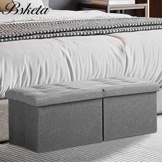 Bsketa Storage Ottoman Bench with Folding Lid Ⅲ, Foot Stools Opens on Both Ends, Footrest Foldable Linen Chest for Living Room, Bedroom, Entryway, End of Bed Storage Blanket Ottomans Dark Gray