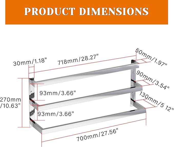 SEIDO 28 Inch 3-Tier Towel Rack, Heavy Duty Square Ladder Design Towel Bar Wall Mounted, Polished Chrome 308 Stainless Steel Rustproof Towel Holder for Bathroom, Kitchen, Laundry
