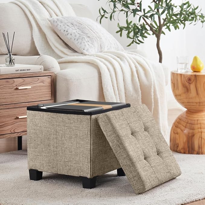 Ornavo Home 15 Inch Folding Storage Ottoman with Storage, Square Cube Linen Small Storage Ottoman Foot Rest Stool with Legs - Tan/Taupe