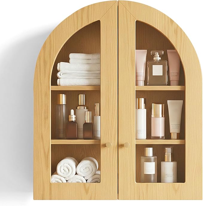 Arched Wall Cabinet, Bathroom Cabinet Wall Mount with Glass Doors & Adjustable Shelf, Floating Medicine Cabinet for Bathroom, Kitchen, Living Room Storage, Oak