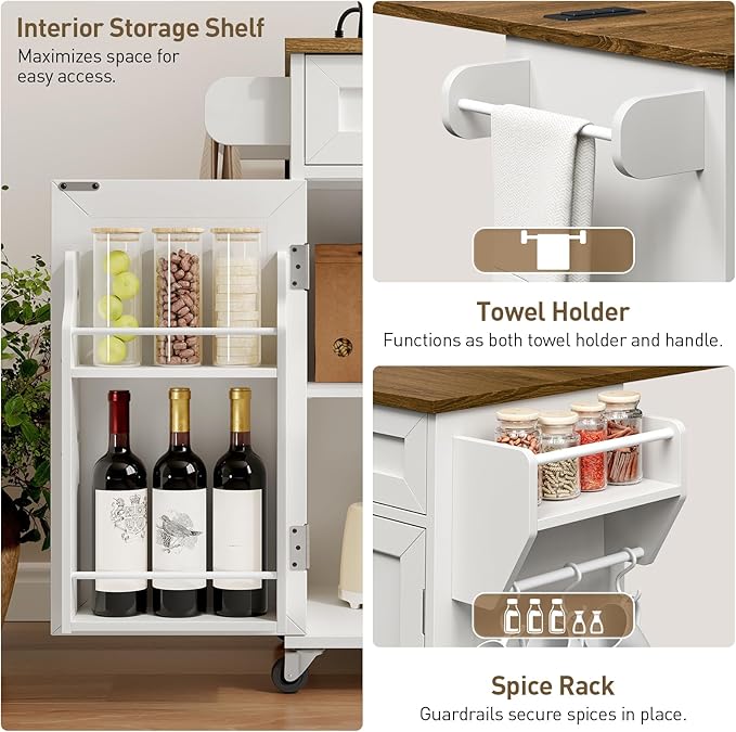 RALGEND Kitchen Island with Storage, Kitchen Rolling Island on Wheels with Power Outlet & Drop Leaf, Kitchen Island Cart with Drawer and Spice Rack, Mobile Island Table for Kitchen,White and Walnut