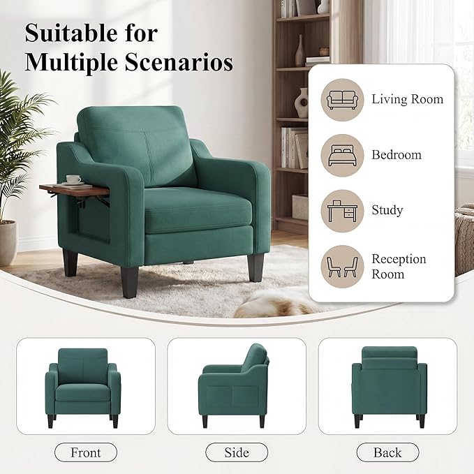 Accent Chairs Set of 2 for Living Room, Mid-Century Upholstered Armchair with Foldable Table & 2 Side Pockets, Modern Linen Wooden Sofa Chair for Bedroom & Reading Room, Green