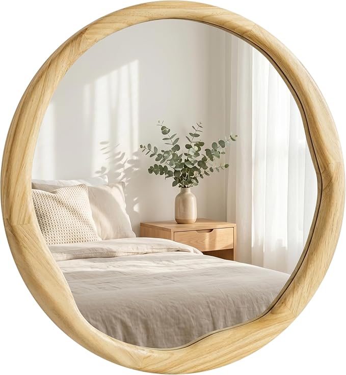 Natural Wood Round Mirror 24 Inch, Solid Wood Framed Wall Mirror with Irregular Wavy Inner Edge for Bathroom Vanity, Bedroom & Boho Decor