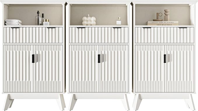 Fatmok Buffet Cabinet with Storage Set of 3, 40" Modern Fluted Coffee Bar Cabinet with Drawer & Open Shelf, Wood Buffet Sideboard Console Table for Entryway, Kitchen, Living Room (White)