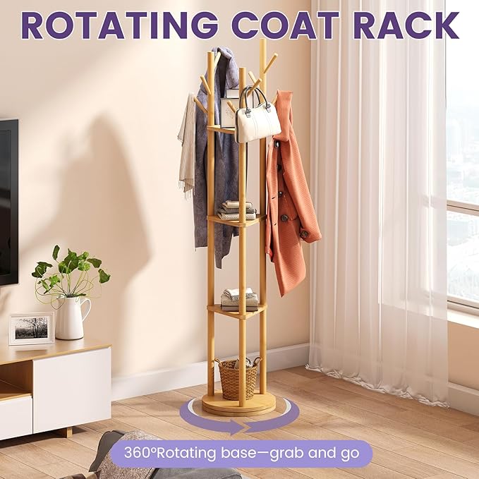 Rotating Coat Rack, Freestanding Coat Rack with 3 Shelves and 9 Hooks Clothes Organizer Coat tree for Bedroom, Entryway, Livingroom (Natural)