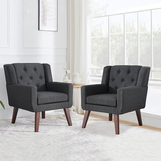 Accent Chair Button-Tufted Upholstered Living Room Chairs Comfy Reading Chair Mid Century Modern Chair with Linen Fabric Lounge Arm Chairs for Living Room Bedroom (Grey Set of 2)