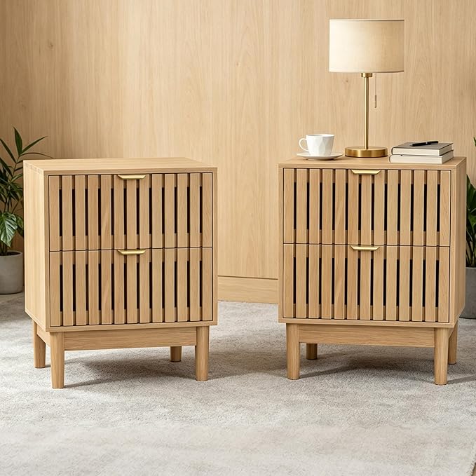 Kiasthome Mid-Century Wood Nightstand with 2 Drawers, Fluted Front Bedside Table, Functional End Table for Bedroom & Living Room (Light Oak (2-Pack))