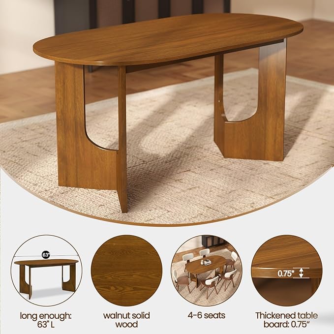 VESCASA 63" L Oval Dining Table with 47.25" L Benches Set, Walnut Wood Kitchen Table with Wooden Legs Bench, Kitchen Set for Dining Room, Restaurant, 1 Table with 2 Benches