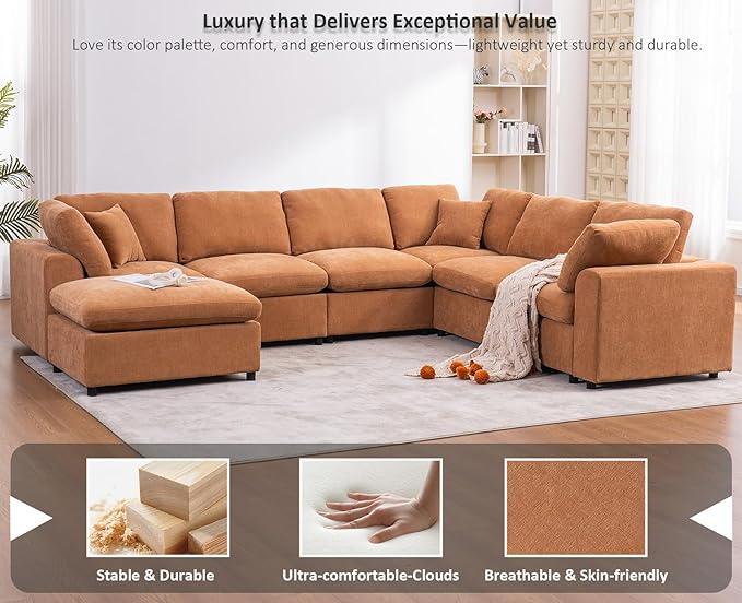 Oversized Modular Sectional Sofa Couch, Large 7 Seater Corner Sofa Modern U Shaped Sectional Couch with Ottoman Cloud Couches for Living Room, Office, Spacious Space, Light Brown
