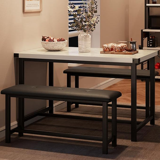 IDEALHOUSE Dining Table Set for 4, Kitchen Table with 2 Upholstered Benches, Rectangular Dining Room Table Set, 3 Piece Kitchen Table Set for Small Space, Apartment, Studio, Marble White