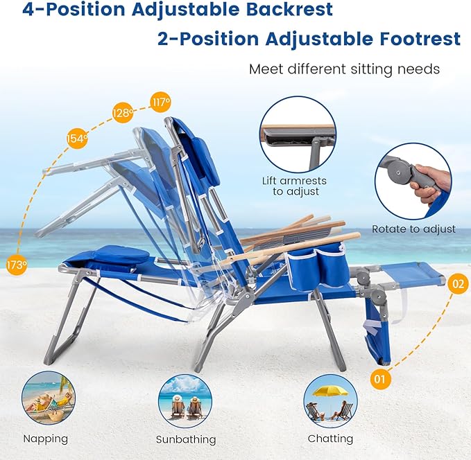 Goplus 3-in-1 Foldable Beach Chair, Lay-Flat Tanning Chair with Face and Arm Holes, Footrest, 330 lbs Heavy-Duty Portable Reclining Lounge Chairs for Outside, Camping, Patio, Poolside, Lawn (2,Navy)