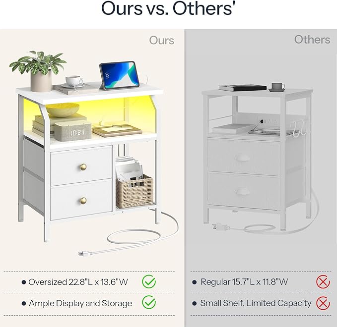 HOOBRO 23 inch Wide Nightstand with Charging Station and LED Light, Night Stand with 2 Fabric Drawers, Bedside Table, Dresser with Open Storage Shelf, End Side Table for Bedroom, White WT160UDBZ01