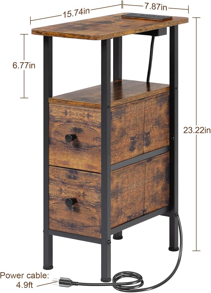 LOAKEKEL Narrow Nightstand with Charging Station, End Tables Living Room Set of 2, Skinny Side Table with Fabric Drawers, Slim Sofa Table for Bedroom, Small Spaces, Couch, Rustic Brown, HETNDP02PBR