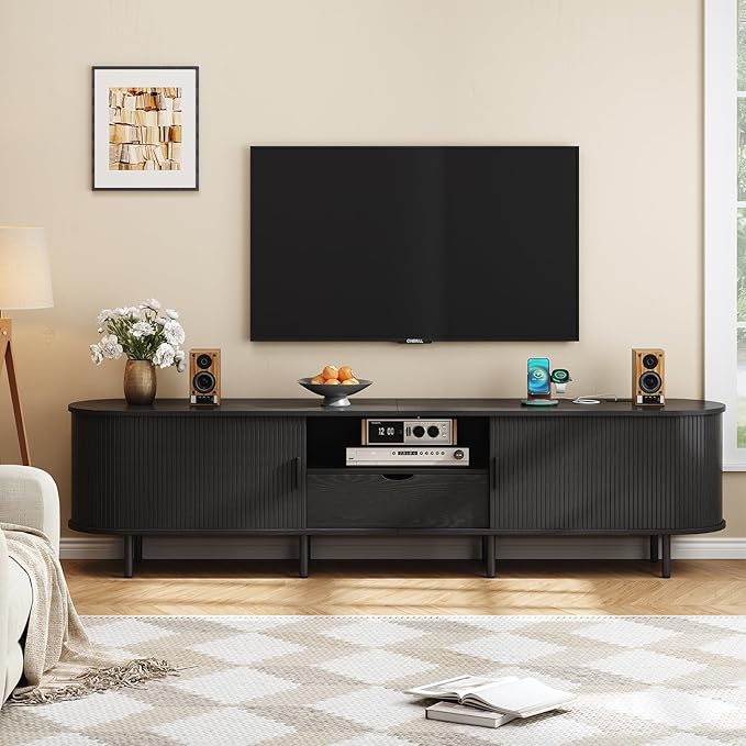 ONBRILL 86.6" TV Stand with Power Outlet for TVs up to 90", Entertainment Center with Storage and Drawer, TV Console with Adjustable Shelves and Sliding Door, TV Stand for Living Room, Bedroom, Black