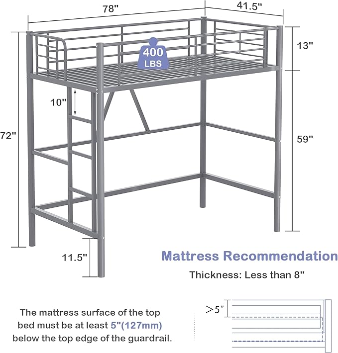 VECELO Loft Bed Twin Size, Metal Bedframe with Removable Ladder and Safety Guardrail, No Box Spring Needed, Space Saving, Noise Free, Light Grey