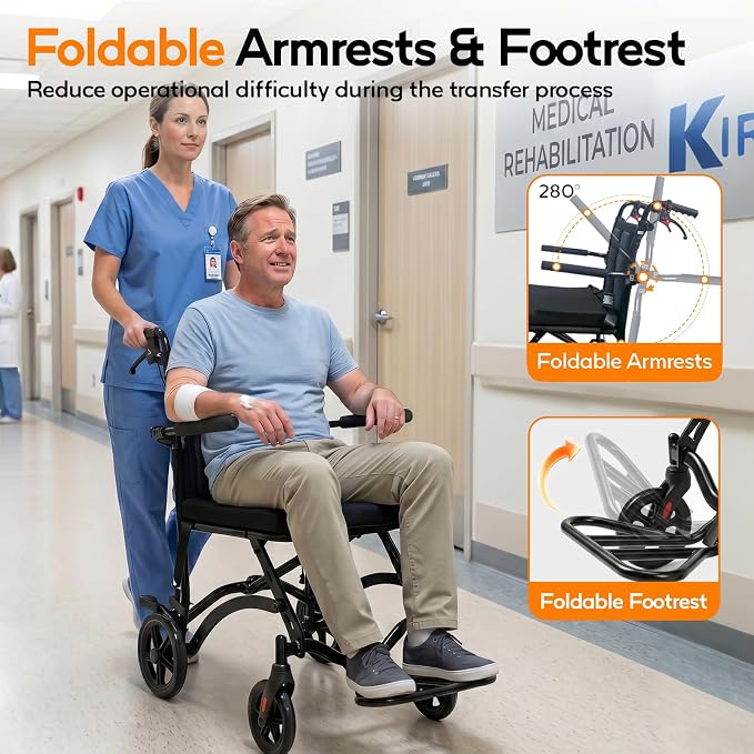 18LBS UIltra Lightweight Wheelchairs with Foldable Footrest and Armrests, Transport Wheelchair Lightweight Foldable with Handbrakes, Transport Chair for Adults Seniors Kid, 1s Quick Folding, Black