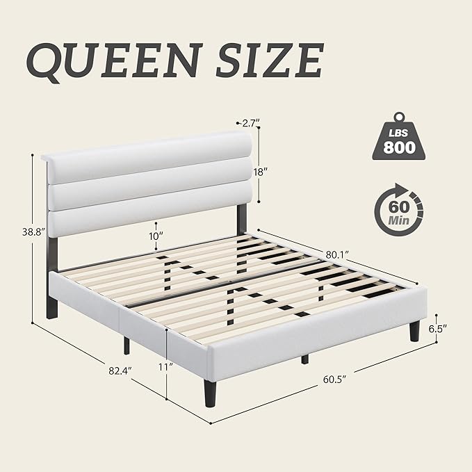 Fluest Queen Bed Frame, Platform Bed Frame with Velvet Upholstered Headboard, No Box Spring Needed, Sturdy Metal Support, Noise Free, Easy Assembly, Modern Bedroom Furniture, White