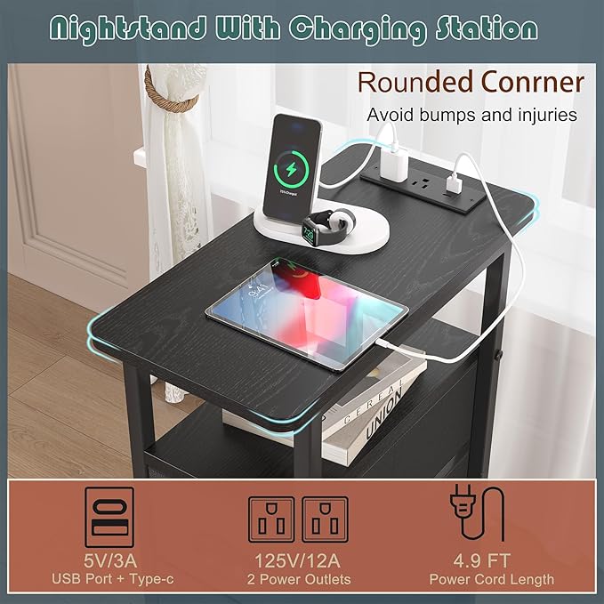 sthmec End Table with Charging Station,LED Side Tables with USB Ports and Outlets,Skinny Bedside Tables with 3 Drawers,Small Tabls Nightstands for Small Space,Slim Sofa Table for Livingroom,Black