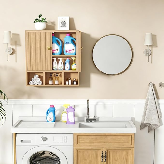Bathroom Wall Cabinet,Wooden Medicine Cabinet with Fluted Doors Over The Toilet Storage Cabinet with Adjustable Shelf for Bathroom,Wood