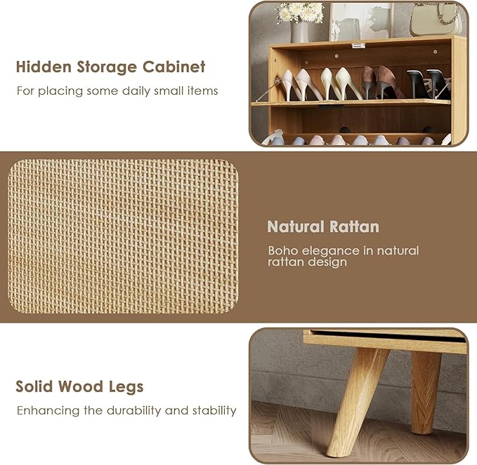 MU Natural Rattan Shoe Cabinet, Entryway Shoe Cabinet with 2 Flip Drawers and Hidden Cabinet, Boho Shoe Organizer Cabinet, Wooden Shoe Storage Cabinet for Entrance, Hallyway, Natural