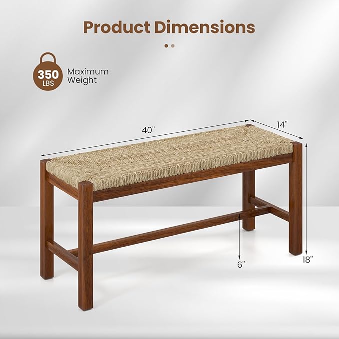 Giantex 40" Dining Bench with Woven Seagrass Woven Seat, Rubber Wood Legs, 350 Lbs Capacity, 40" x 14" x 18" Entryway Bench for End of Bed, Dining Room, Hallway, Living Room, Bedroom, Entry (2)