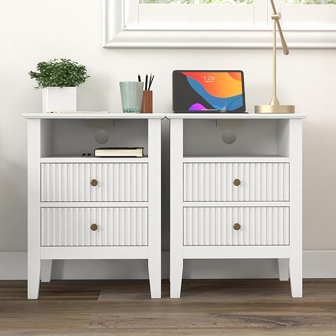 RoyalCraft Fluted Nightstand Set of 2 with Charging Station, White End Table with 2 Silent Slide Drawers & Storage Shelf, Modern Side Table, Wood Night Stand Cabinet for Bedroom