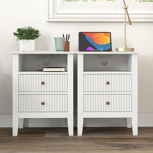 RoyalCraft Fluted Nightstand Set of 2 with Charging Station, White End Table with 2 Silent Slide Drawers & Storage Shelf, Modern Side Table, Wood Night Stand Cabinet for Bedroom