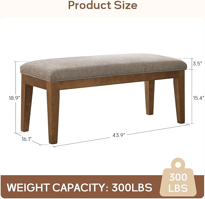 HUIMO Kitchen & Dining Room Benches, Fabric End of Bed Bench with Solid Wood, Upholstered Entryway Bench for Living Room, Bedroom (Brown)