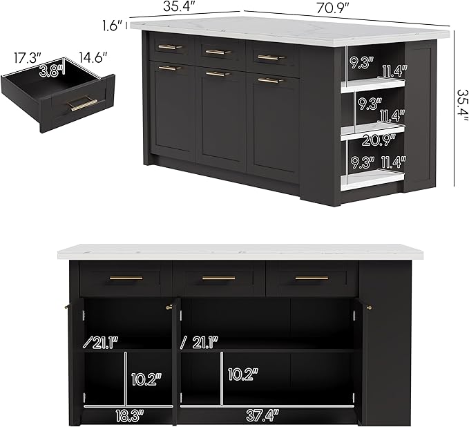 homary 72" Modern Kitchen Island with Storage, White Marble-Effect Engineered Wood Top, Modern Kitchen Table for Dining Room, Black & White