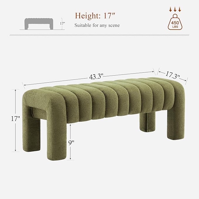 43’’ Bedroom Bench, Upholstered End of Bed Bench with Solid Wood Legs, Modern Small Dining Bench with Full Covered Fabrics for Entryway, Bedroom, Living Room (Green, Boucle)