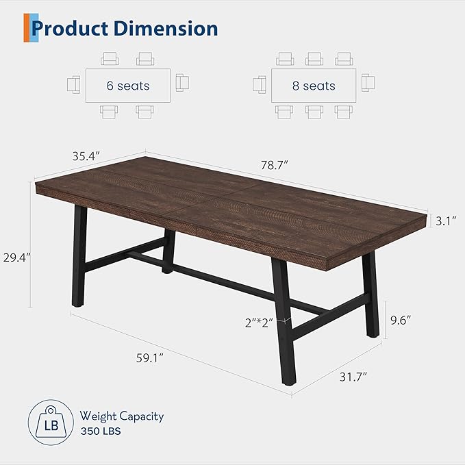 GarveeHome Industrial Dining Table for 6-8 People, 78.7" Long Kitchen Table with Sturdy Metal Frame, Rectangular Counter for Dinner, Kitchen, Dining Room (Rustic Birch, 79" Non-extendable)