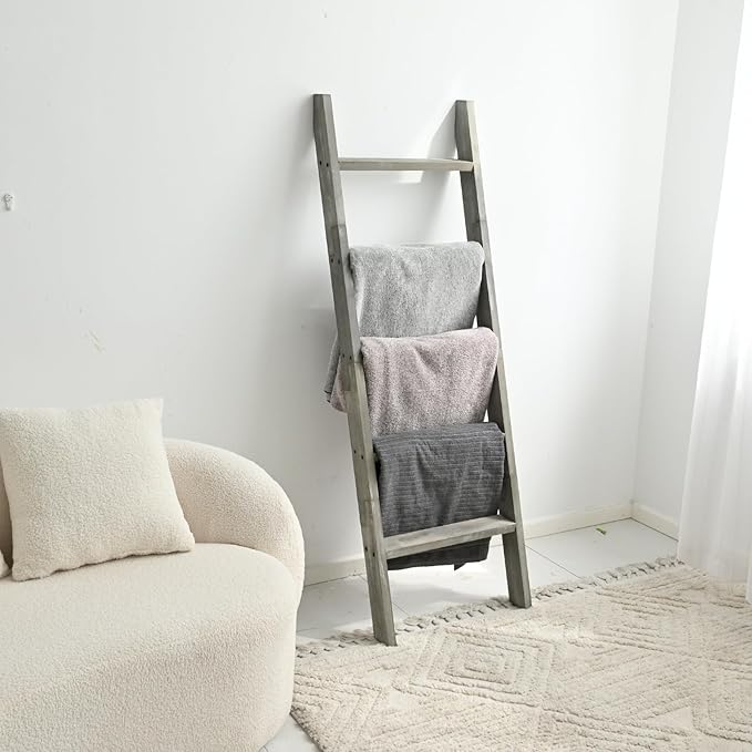FUIN 5ft (58") Wood Blanket Ladder Living Room Decorative Wall Leaning Farmhouse Quilt Display Holder Shelf Rustic Wooden Towel Rack for Bathroom, Grey