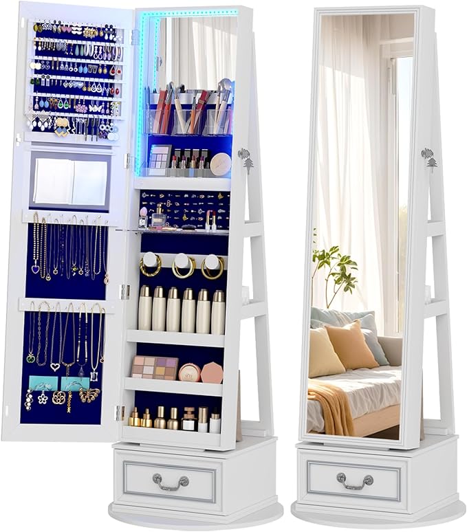 Vlsrka Mirror Jewelry Cabinet Standing, 360° Swivel Jewelry Armoire with Full Length Mirror, Lockable Mirror with Jewelry Storage, 3-Color LED Lights, Foldable Makeup Shelf, White