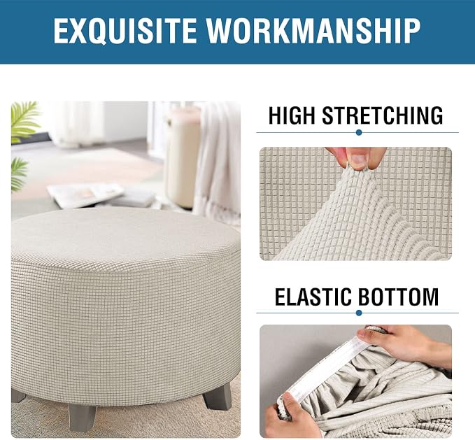 H.VERSAILTEX Ottoman Cover Stretch Ottoman Slipcover Round Ottoman Storage Cover Folding Stool Covers Furniture Protector Cover for Footrest Ottoman Fit Dia 20" - 23", Island Fossi