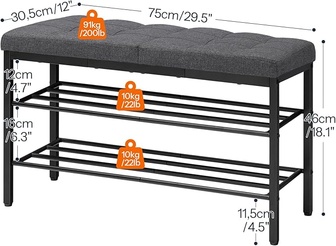 HOOBRO Shoe Bench, Storage Bench with Cushion, Entryway Bench Shoe Shelf with Seat, 12 x 29.5 x 18.1 Inches, Shoe Rack for Living Room, Bedroom, Hallway, Dark Gray BGZ95HX01