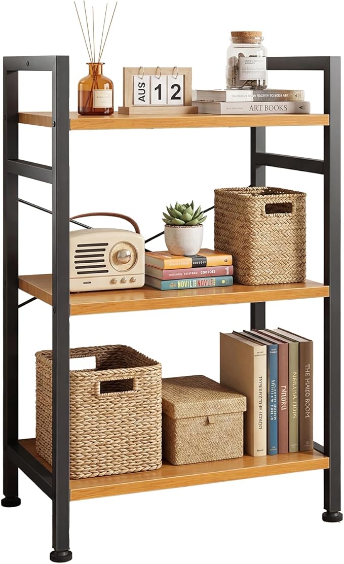 DUMOS 3 Tiers Open Bookshelf, Classic Freestanding Tall Display Shelf, Multifunctional Storage Organizer Rack for Living Room Home Office, Sturdy Bookcase for CDs/Books/Movies, Wood