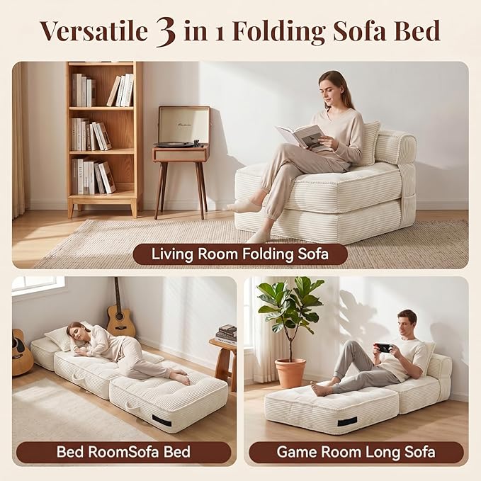 Folding Sofa Bed, Convertible Sleeper Chair with Pillow Foldable Mattress with Back Support, Portable Fold Out Chair Bed Comfy Floor Couch Lounge for Living Room Bedroom Apartment Single