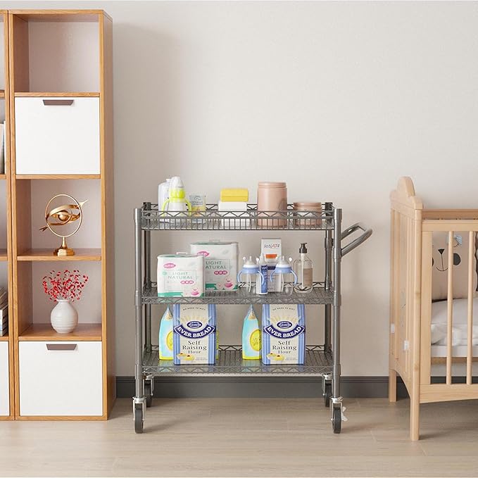 Folews Heavy Duty Rolling Cart with Wheels, 990LBS 3-Tier Metal Utility Cart, NSF Rolling Storage Organizer Adjustable Shelves & Basket, Lockable Casters, Commercial Storage Trolley, Gray
