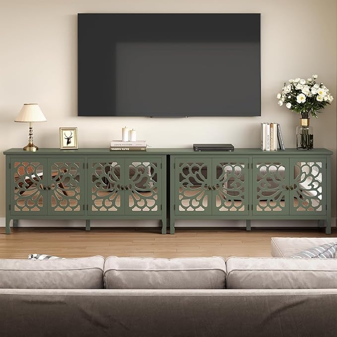 RoyalCraft 63'' Buffet Cabinet with Mirror Butterfly Carved Door, Sideboard Cabinet with Adjustable Shelves, Vintage Accent Credenza Media Console for Entryway, Kitchen, Forest Green