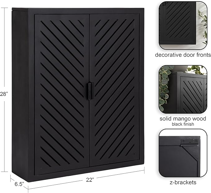 Kate and Laurel Mezzeta Decorative Modern Two-Door Floating Bathroom Cabinet; 22 x 7 x 28; Black; Decorative Over Toilet Storage Cabinet Made from Solid Mango Wood with Slatted Chevron Design