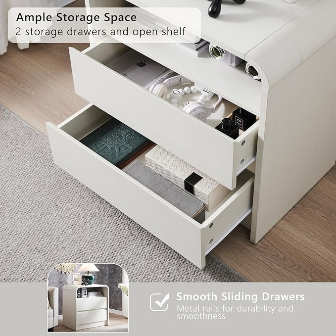 Aitjunz 25" Tall Modern Nightstand with Charging Station, 23.6'' Wide Wood Bedside Table w/2 Storage Drawers, Large Mid Century End Table for Bedroom, Living Room, Curved Profile Design, White