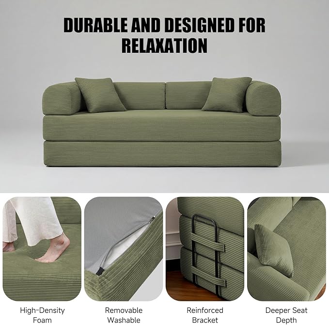 79" Compressed Sofa, Convertible Sofa Bed, Corduroy Compression Boneless Couch with Pillow, Comfy Modular Foldable Floor Sleeper Sofa for Bedroom, Living Room, Lounge, Studio (Light Green)