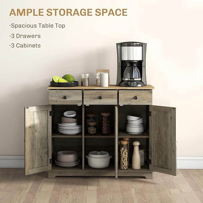 HOMCOM Sideboard Buffet Cabinet with Solid Wood Countertop, Modern Kitchen Storage Cabinet, Coffee Bar Cabinet with 3 Drawers, Doors and Adjustable Shelf, Distressed Gray