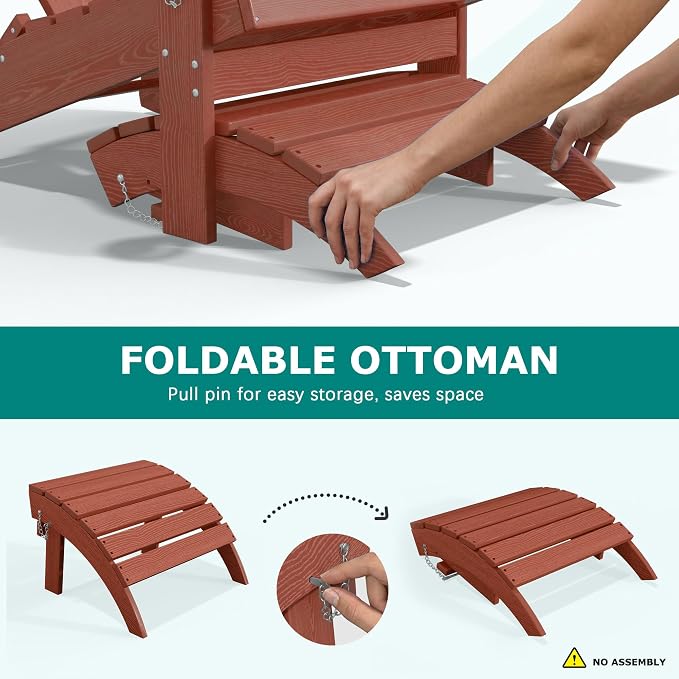 PLUUV Folding Adirondack Ottoman Footrest, All-Weather HDPE Outdoor Footstool for Adirondack Chair, Foldable Ottoman for Patio Backyard Pool Deck, Reddish