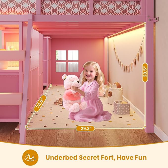 ADORNEVE Low Loft Bed Twin Size with 7 Storage Drawers, Bookcase and LED Lights, Metal Kids Loft Bed with 14" H Safety Guardrail,Inclined Ladder and Play Curtain, Under-Bed Play Space,Pink