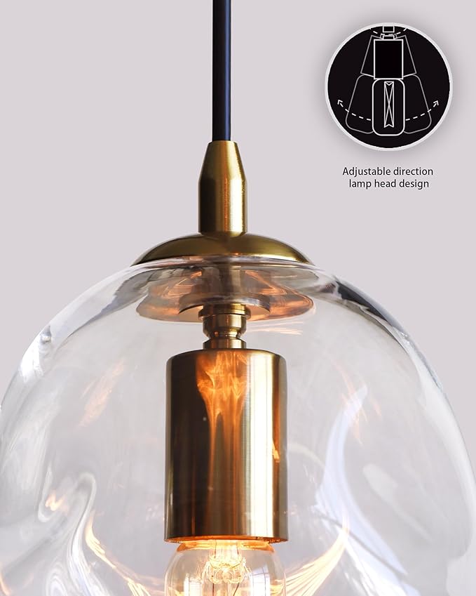 CASAMOTION Glass Pendant Light Gold and Clear Organic Globe Ceiling Hanging Fixtures Modern Industrial Ambient Lighting Over Kitchen Island Sink Bar Counter Porch Small Medium Lamp 8 Inch H