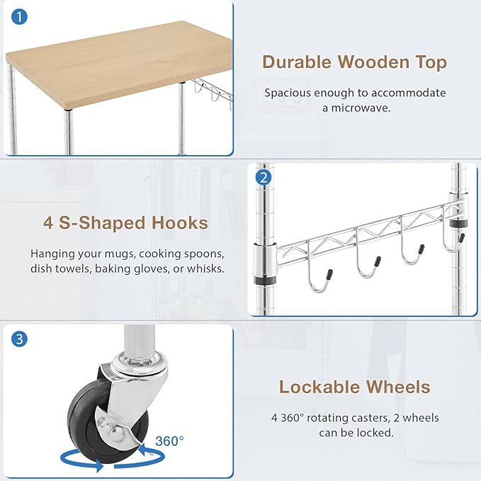 BolDuck 450Lbs Capacity Microwave Cart with Wheels, 3 Tier Rolling Cart with Adjustable Shelves, Multifunctional Metal Utility Storage Kitchen Carts on Wheels, 23.6" L*15.7" W*37" H, Wood+Chrome