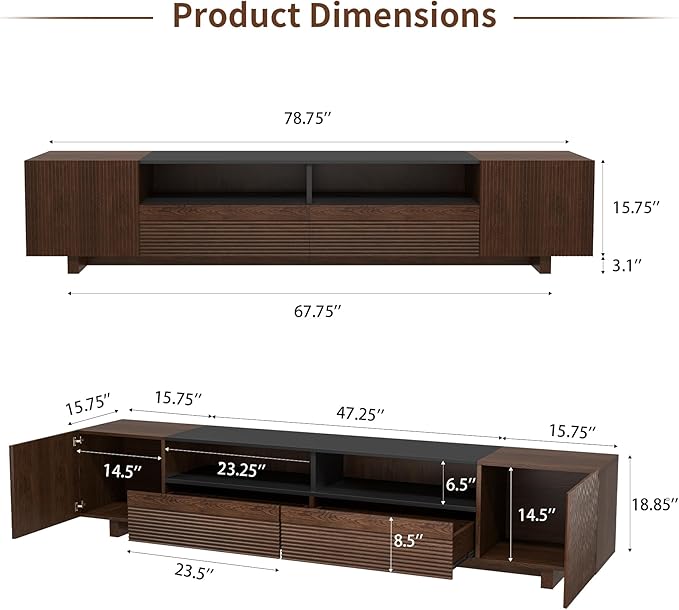 Epecoya 78.8 Inch TV Stand with Storage Cabinets for Living Room, TVs Media Console Entertainment Center with Drawers, Wood Fluted Television Stands with Open Shelves for Bedroom, Dark Brown Walnut