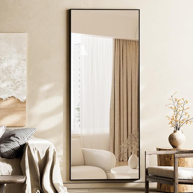 VooBang Mirror Full Length, 24" x 65" Floor Mirror with Stand, Aluminum Alloy Frame Full Body Standing Hanging or Leaning Against Wall for Bedroom and Living Room, Black